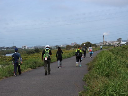 草に挟まれた道路を歩いている人たちの写真